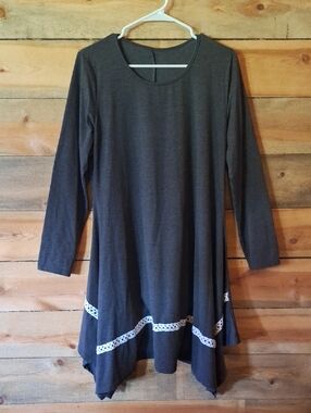 Long Sleeve Charcoal Swing Dress with Lace Trim